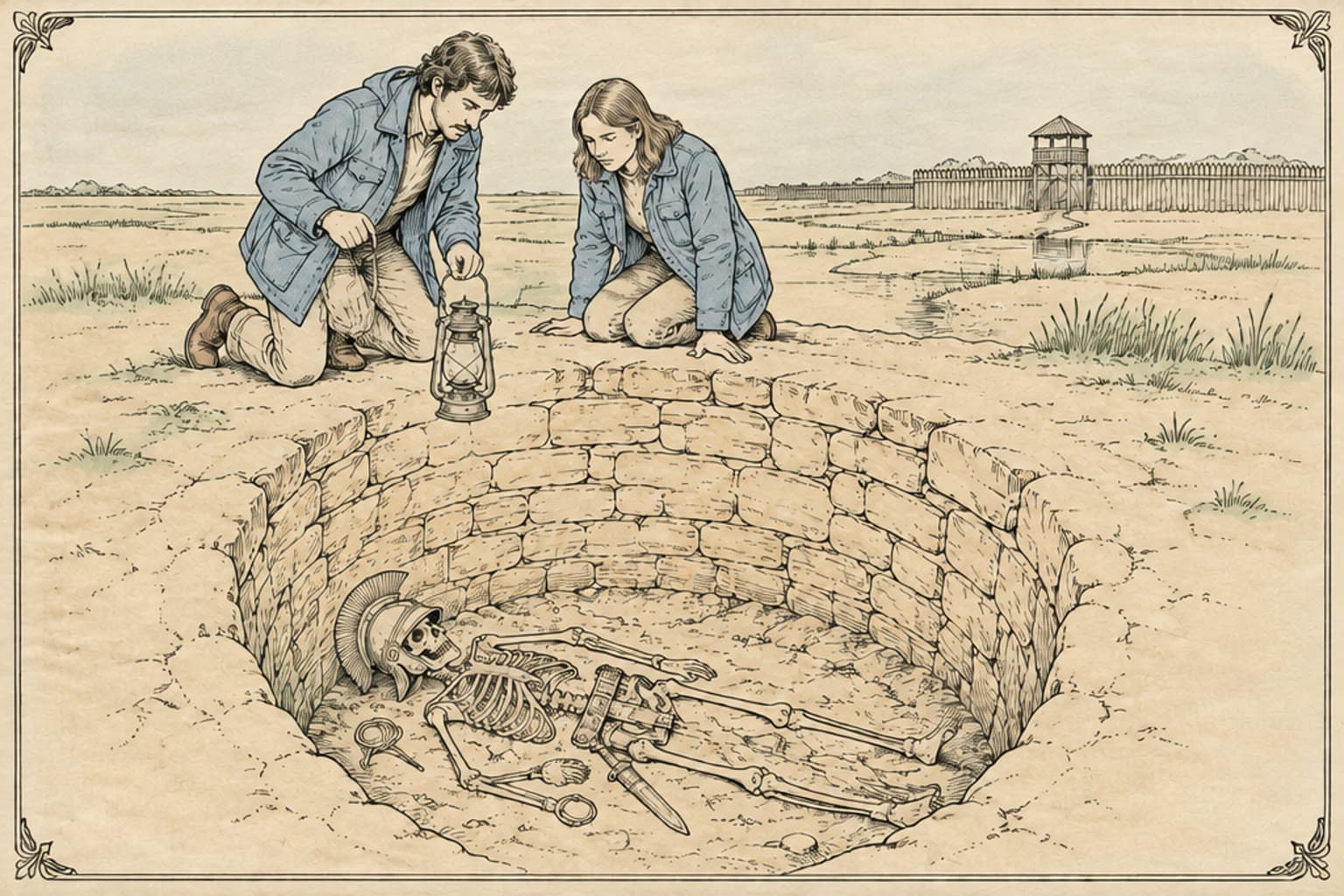Two archaeologists kneel at the rim of a Roman well; a soldier's skeleton lies at the bottom with his dagger and belt