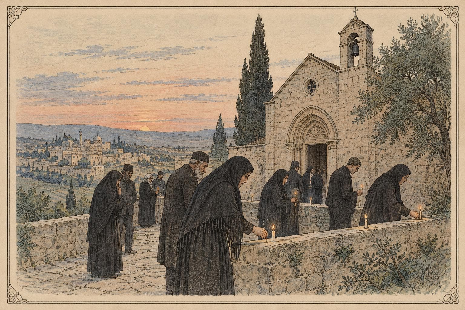 Mourners in dark clothing gather at dusk outside a stone village church in Jordan, lighting candles along its low courtyard wall.